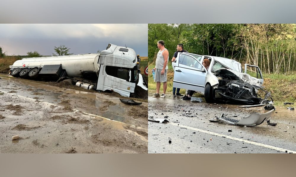 Cisternă încărcată cu combustibil, impact violent cu un autoturism. Doi tineri au ajuns la spital