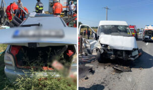 Oameni încarceraţi, după un accident în care au fost implicate o maşină şi o camionetă! Medici şi pompieri intervin pentru a salva victimele