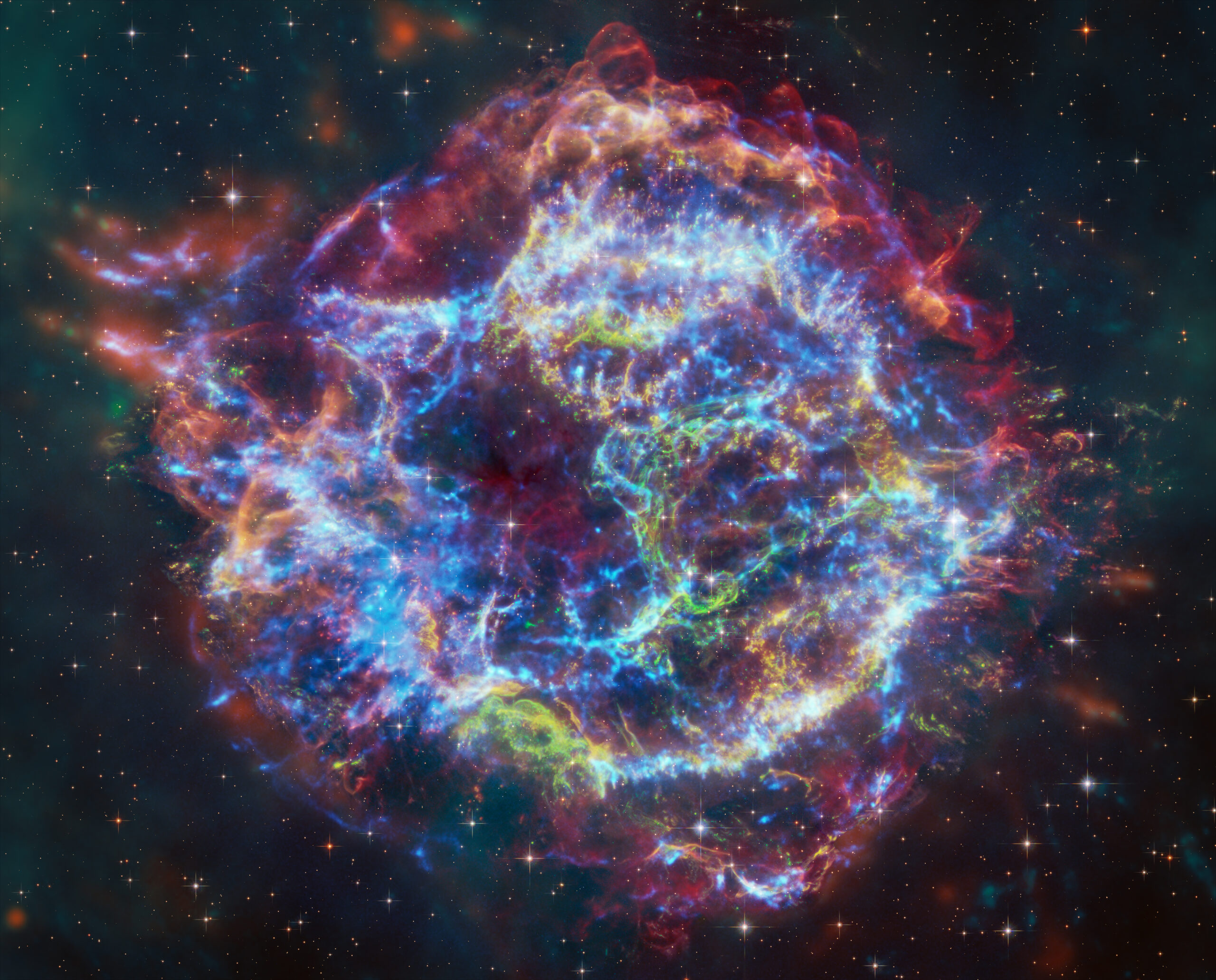 Data from Chandra and Webb of the supernova remnant Cassiopeia A (Cas A) have been combined for the first time, helping to explain an unusual structure within the debris field and address other questions about the supernova explosion that created it. These images show X-rays from Chandra, infrared data from Webb and Spitzer, and optical data from Hubble. Astronomers using these data found that the so-called Green Monster near the center of Cas A was created by a blast wave from the exploded star slamming into material surrounding it.