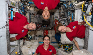 4 Astronauts on the ISS in red shirts