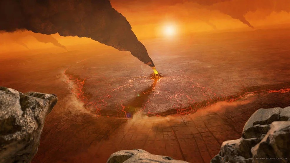 Image depicting a hazy orange colored sky surrounding Venus. A Corona is shown in the center with smoke billowing from its top. Large rocks are seen in the forefront.