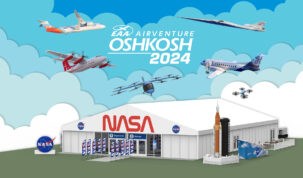 An illustration shows NASA's pavilion at Oshkosh, a large white tent with NASA logos on it, as six different aircraft appear to fly toward the center of the image over the tent.