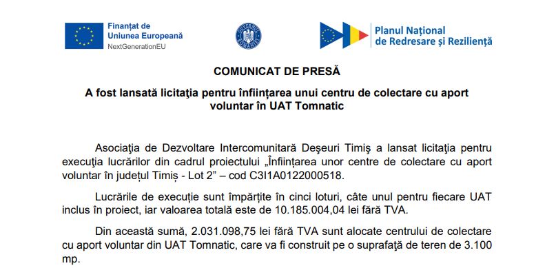 A fost lansată licitaţia pentru înființarea unui centru de colectare cu aport voluntar în UAT Tomnatic