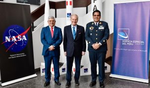 César Medardo Torres Vega, Vice Minister of Defense Policies, Ministry of Defense of Peru (left), NASA Administrator Bill Nelson, and Director of Peru’s National Commission for Aerospace Research and Development (CONIDA) Maj. Gen. Roberto Melgar Sheen meet in Lima, Peru, Nov. 14, 2024, where the U.S. and Peru signed a memorandum of understanding agreeing to study a potential sounding rocket campaign.