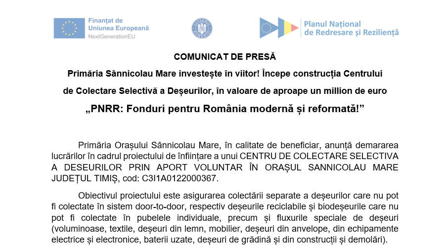 Primăria Sânnicolau Mare investește în viitor! Începe construcția Centrului de Colectare Selectivă a Deșeurilor, în valoare de aproape un million de euro - „PNRR: Fonduri pentru România modernă și reformată!”