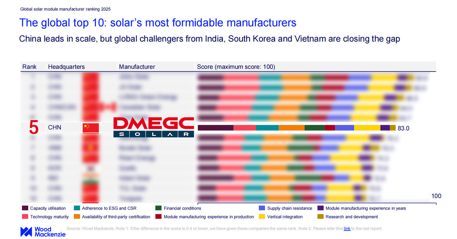 DMEGC Solar asciende al quinto puesto a nivel mundial en el ranking de fabricantes de módulos solares de 2025