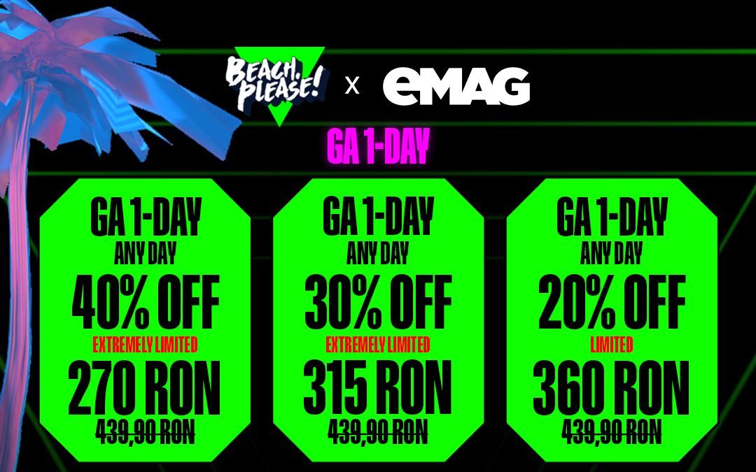 Bilete Beach, Please! cu până la 50% reducere, exclusiv pe eMAG, disponibile timp de 3 zile